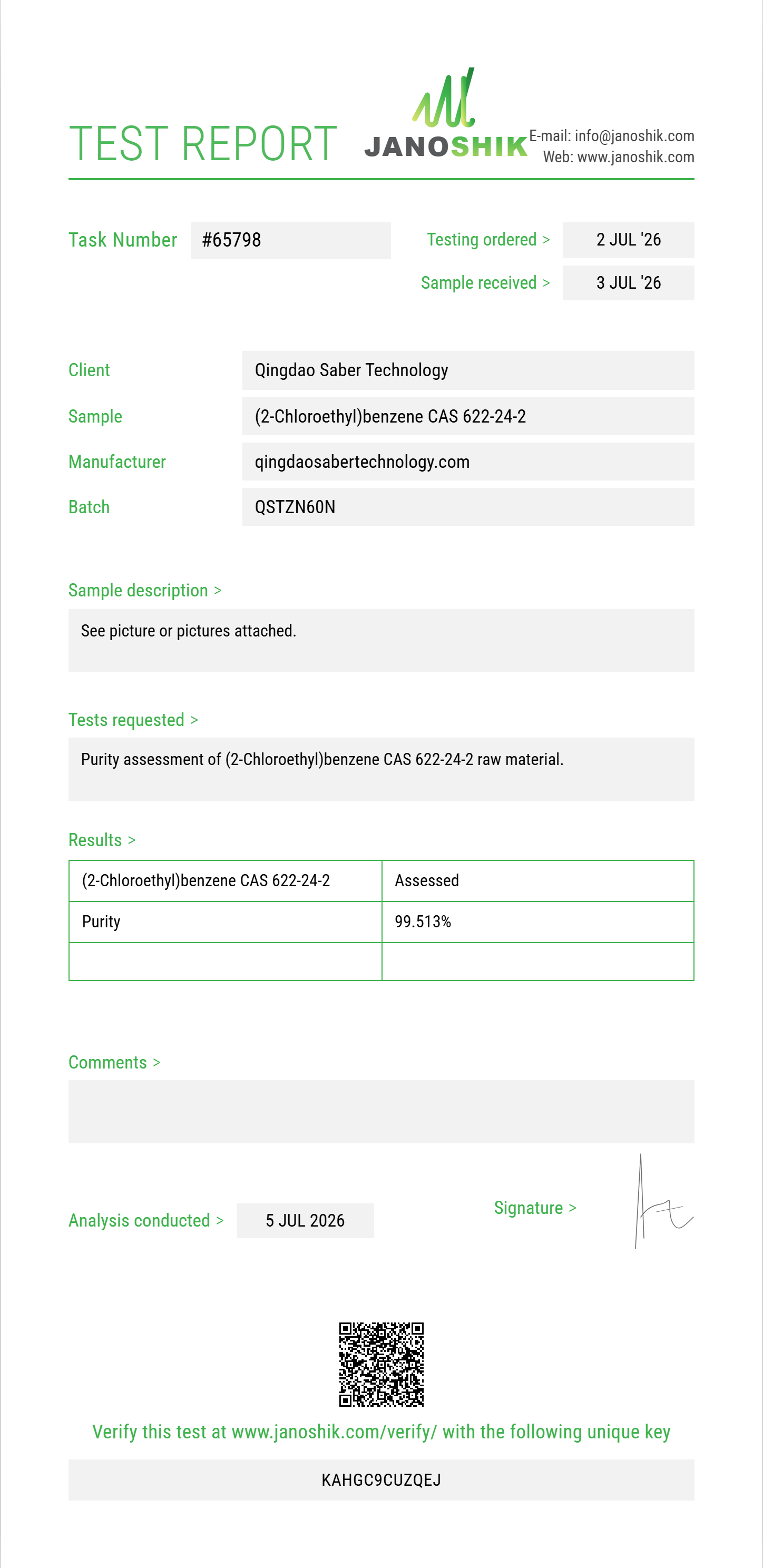 (2-Chloroethyl)benzene CAS 622-24-2 Purity (HPLC) report by Janoshik Analytical