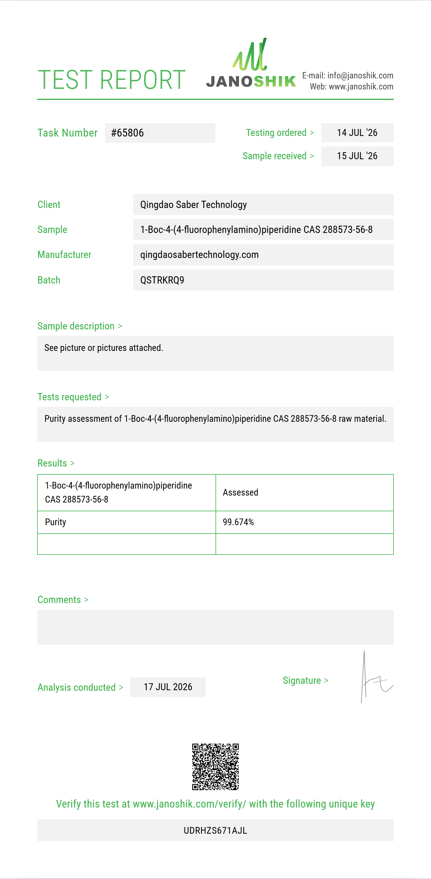 1-Boc-4-(4-fluorophenylamino)piperidine CAS 288573-56-8 Purity (HPLC) report by Janoshik Analytical