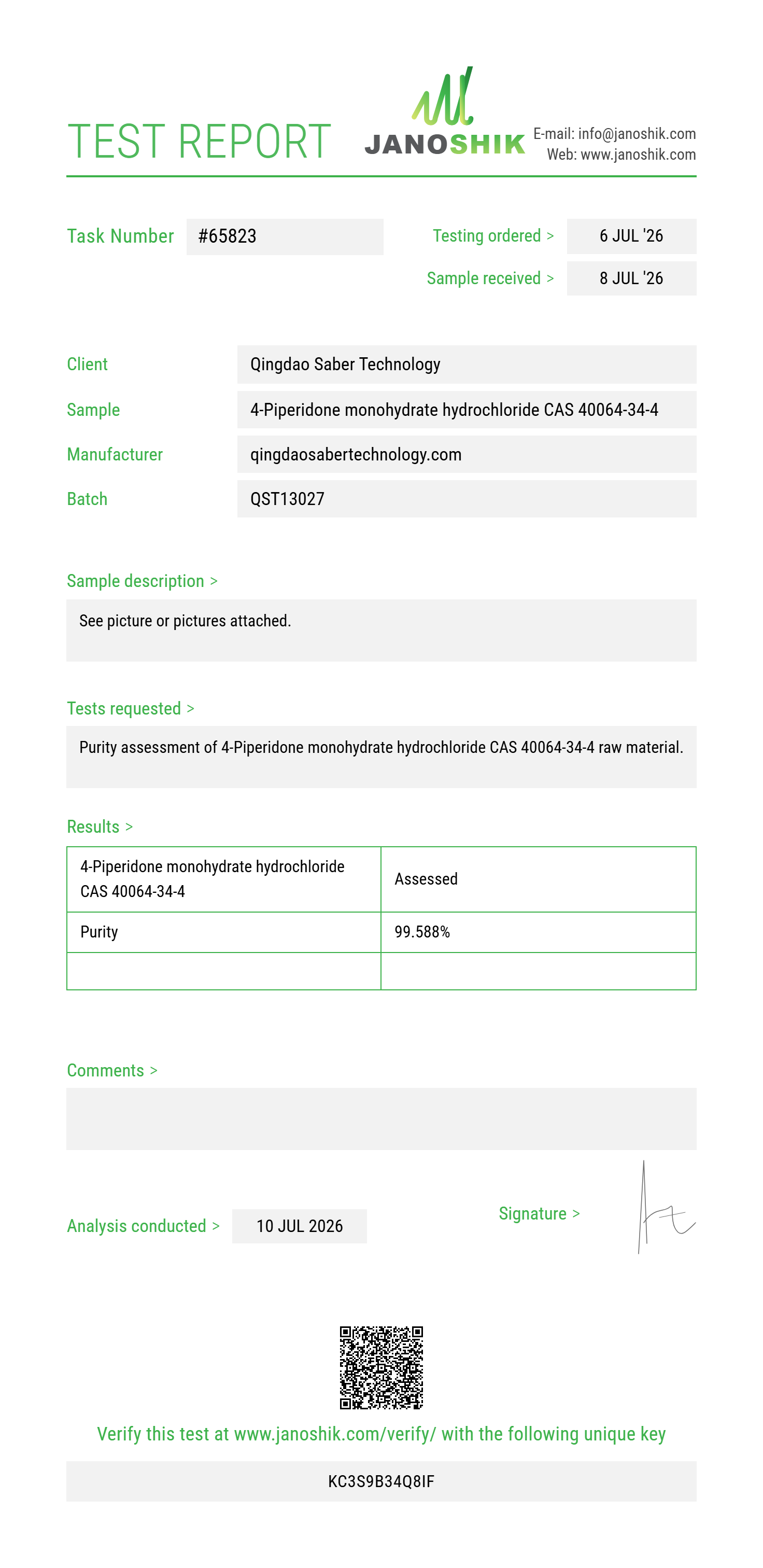 4-Piperidone monohydrate hydrochloride CAS 40064-34-4 Purity (HPLC) report by Janoshik Analytical