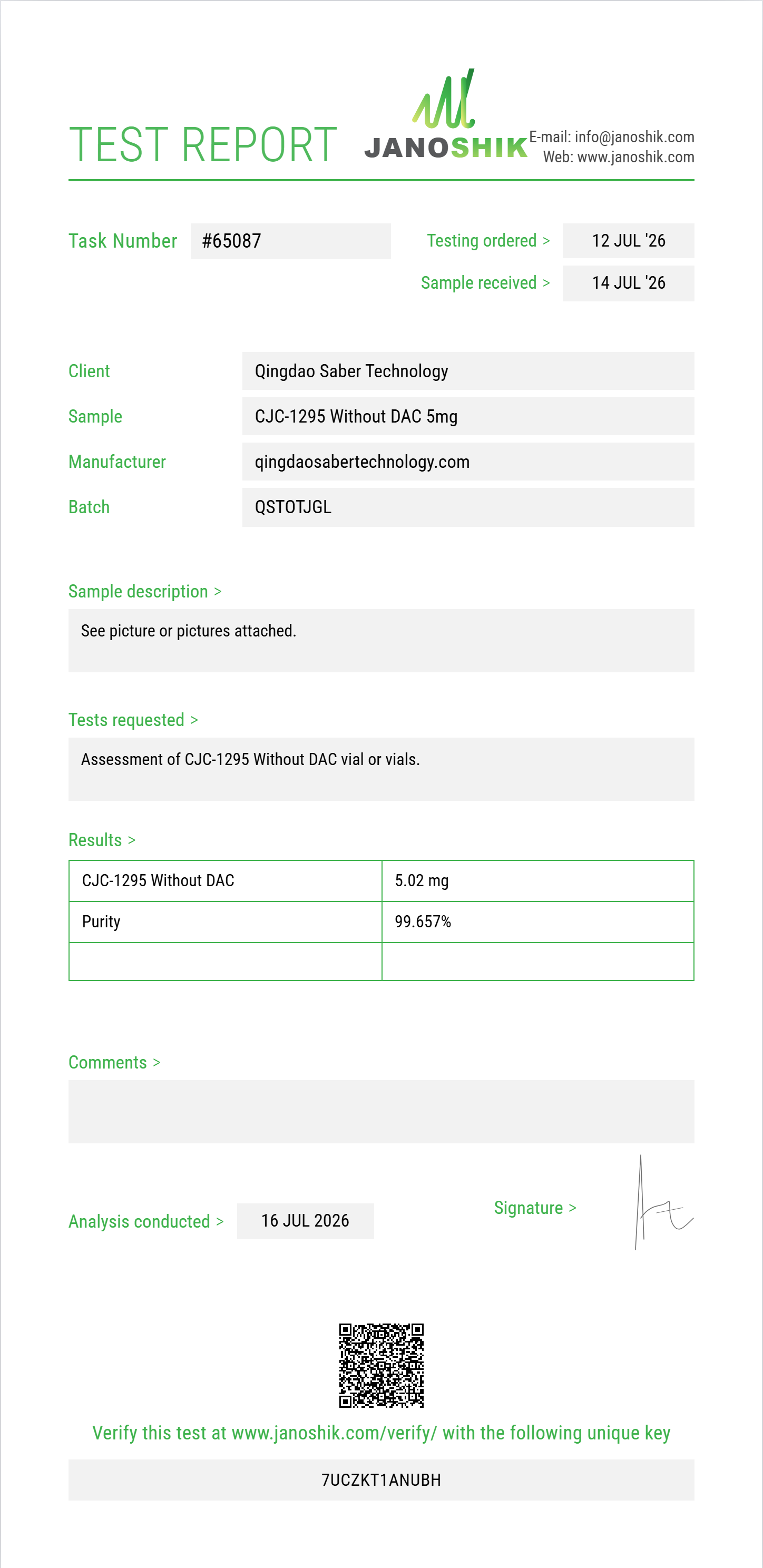 CJC-1295 Without DAC Purity (HPLC) report by Janoshik Analytical