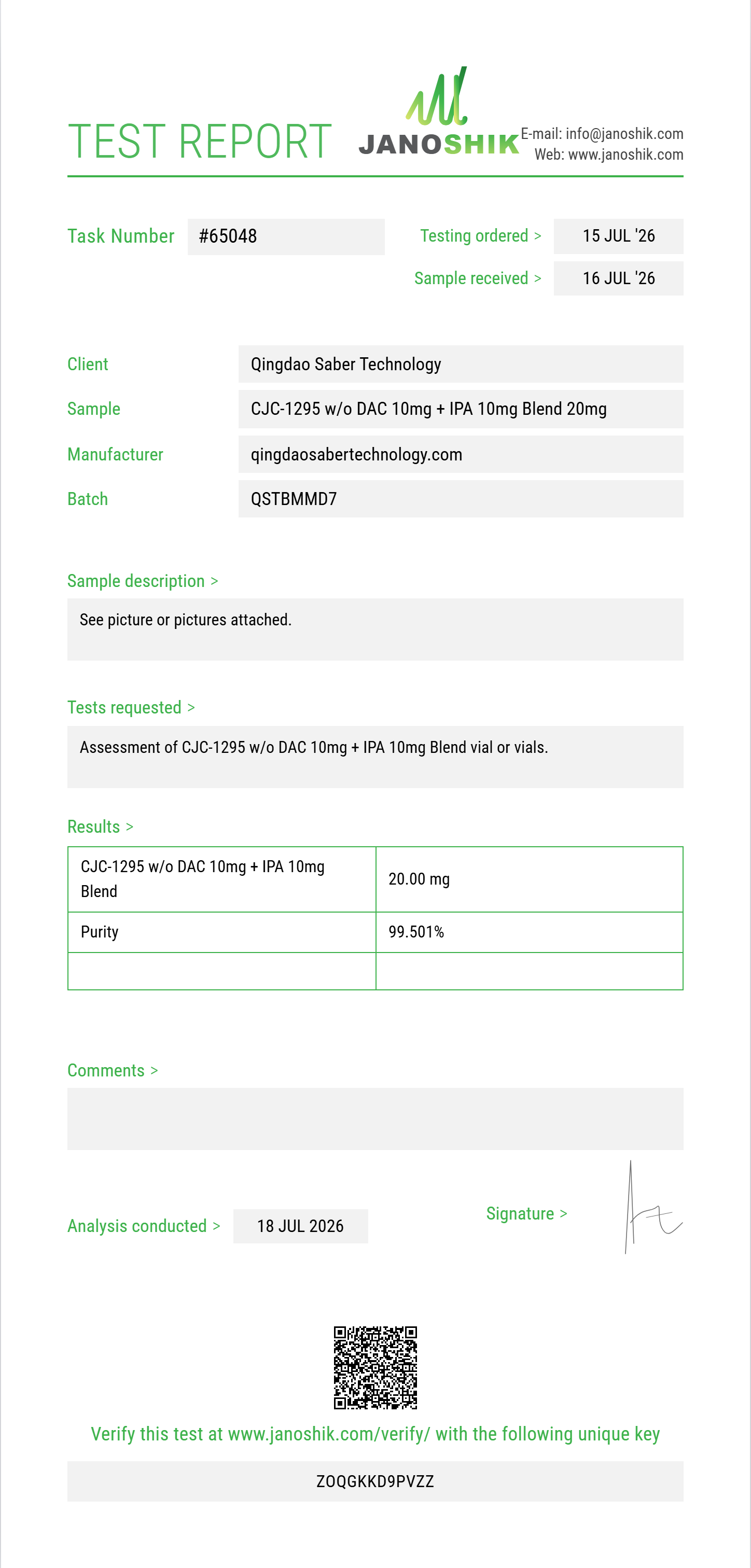 CJC-1295 w/o DAC 10mg + IPA 10mg Blend Purity (HPLC) report by Janoshik Analytical