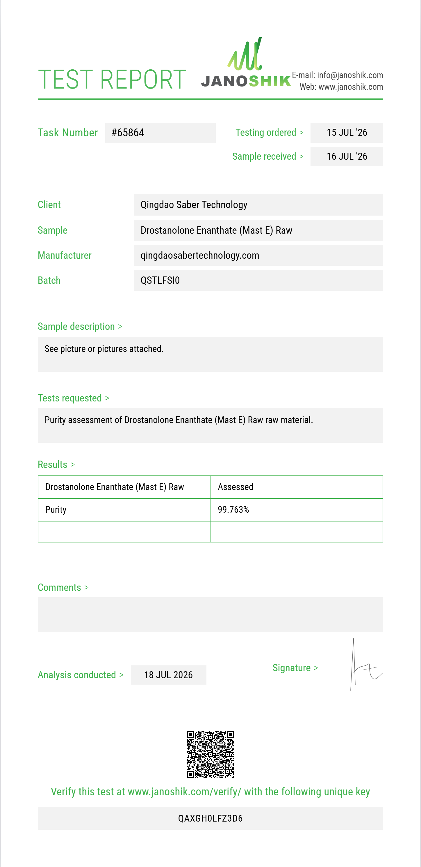 Drostanolone Enanthate (Mast E) Raw Purity (HPLC) report by Janoshik Analytical