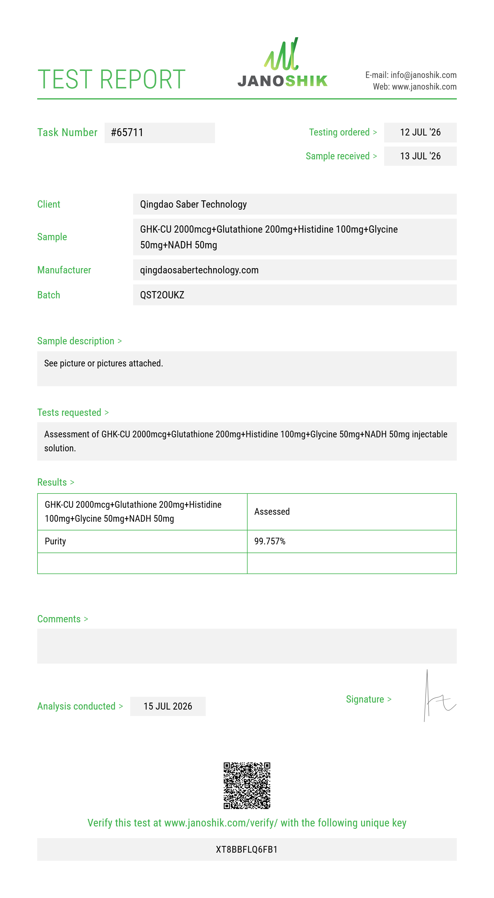 GHK-CU 2000mcg+Glutathione 200mg+Histidine 100mg+Glycine 50mg+NADH 50mg Purity (HPLC) report by Janoshik Analytical