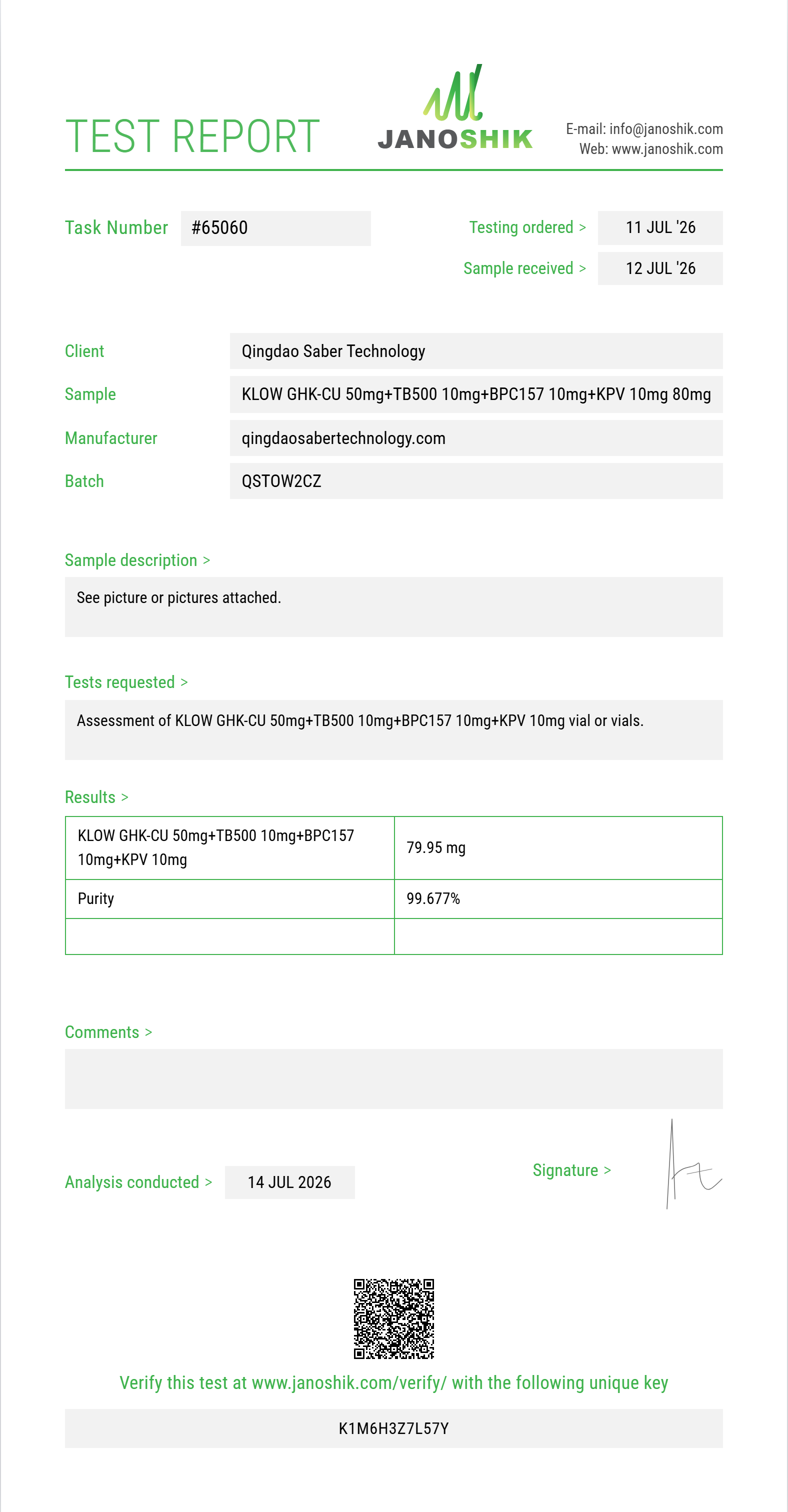 KLOW GHK-CU 50mg+TB500 10mg+BPC157 10mg+KPV 10mg Purity (HPLC) report by Janoshik Analytical