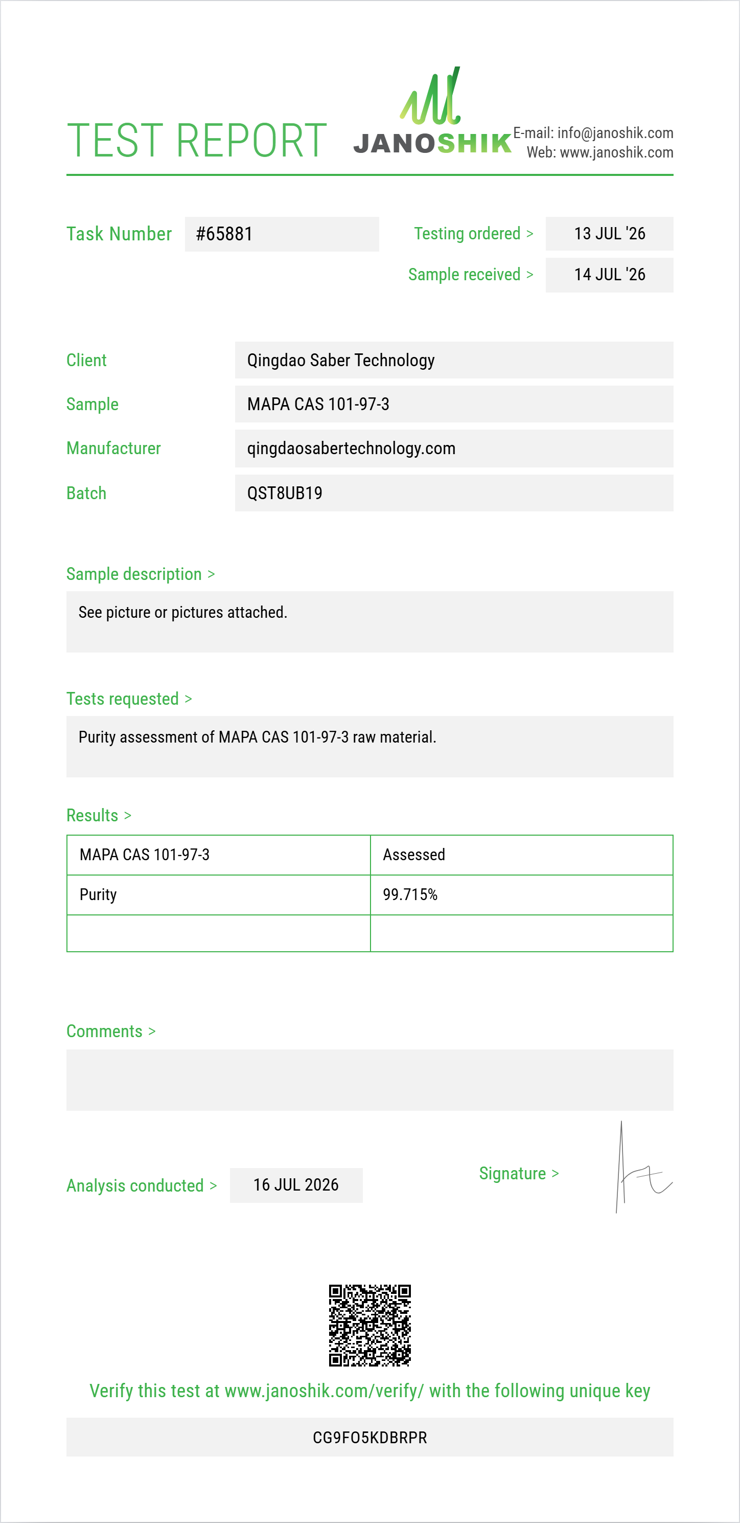 MAPA (methyl alpha-phenylacetoacetate) CAS 101-97-3 Purity (HPLC) report by Janoshik Analytical