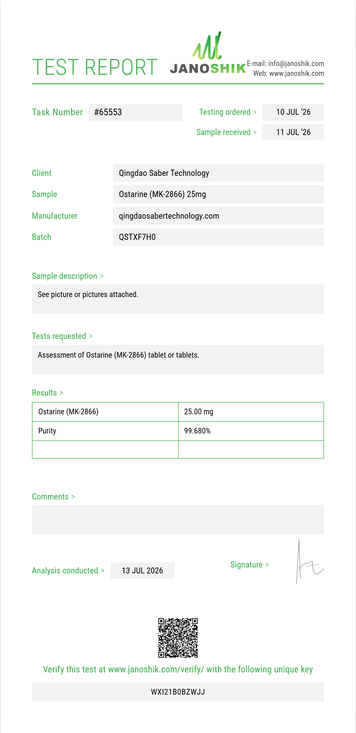 Ostarine (MK-2866) Purity (HPLC) report by Janoshik Analytical