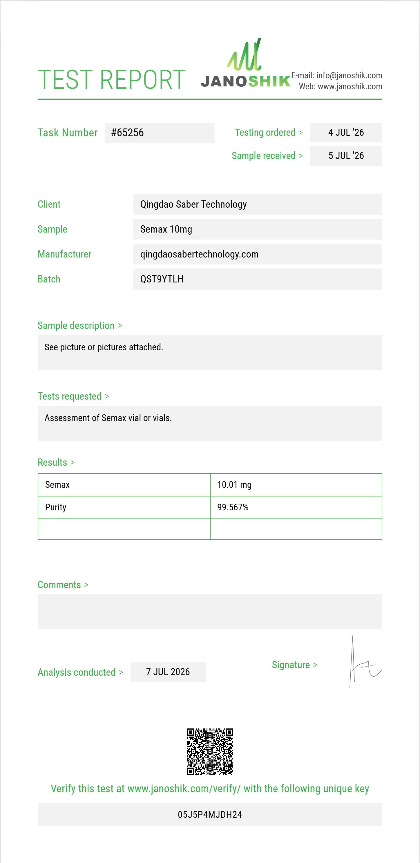 Semax Purity (HPLC) report by Janoshik Analytical