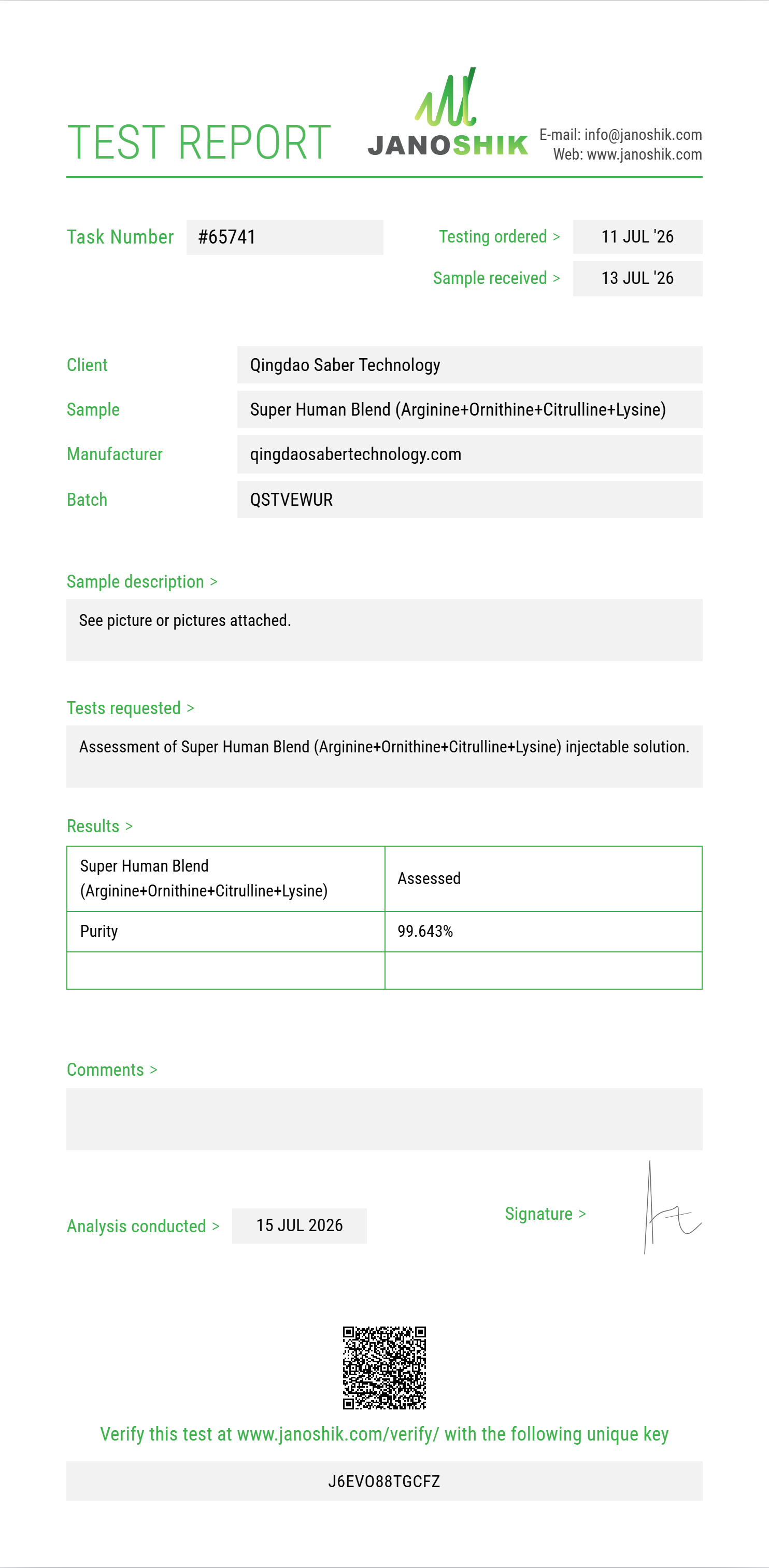 Super Human Blend (Arginine+Ornithine+Citrulline+Lysine+Glutamine+Proline+Taurine+Carnitine+NAC) Purity (HPLC) report by Janoshik Analytical