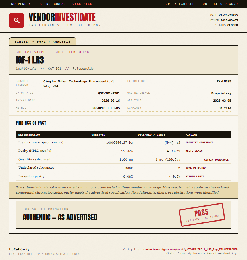 IGF-1 LR3 Purity (HPLC) report by VendorInvestigate