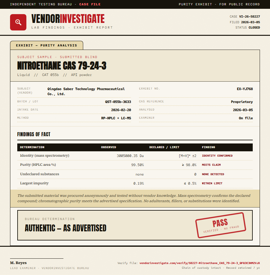 Nitroethane CAS 79-24-3 Purity (HPLC) report by VendorInvestigate