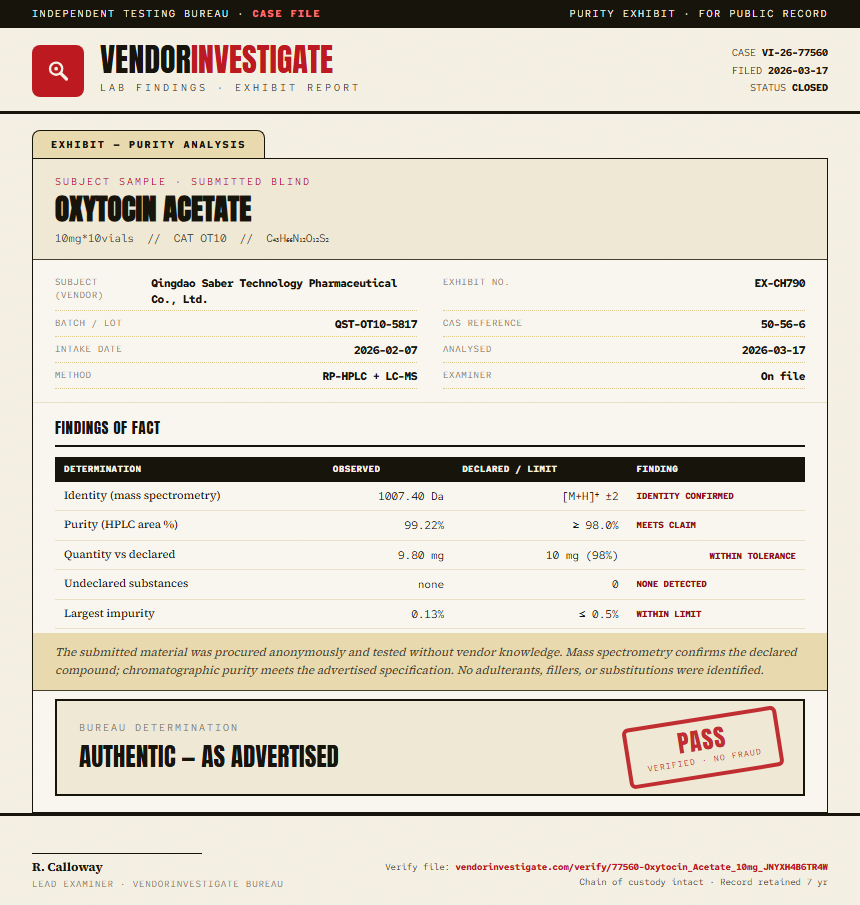 Oxytocin Acetate Purity (HPLC) report by VendorInvestigate